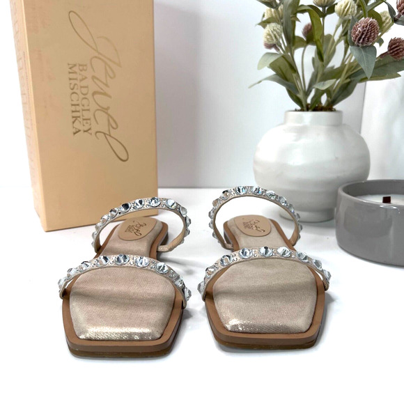 Jewel Badgley Mischka Honesty Flat Sandals Gemstone Studded Straps Women 6.5 NWB - Picture 2 of 9